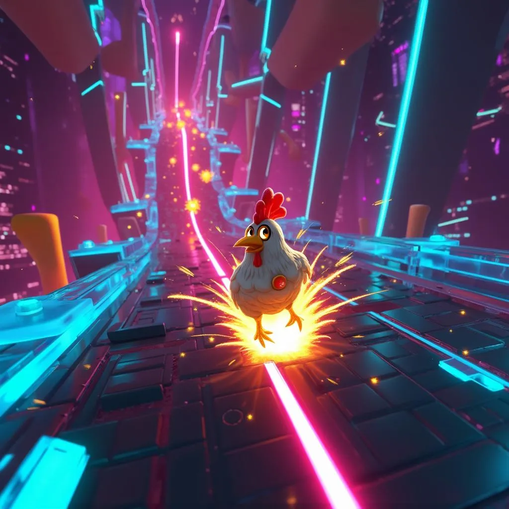 Chicken Road gameplay screenshot showing neon obstacles and a daring chicken