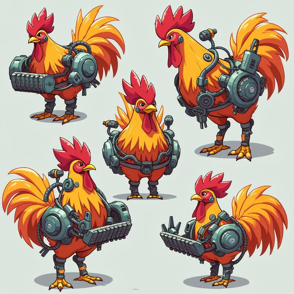 Concept art of various customizable chicken characters in futuristic gear