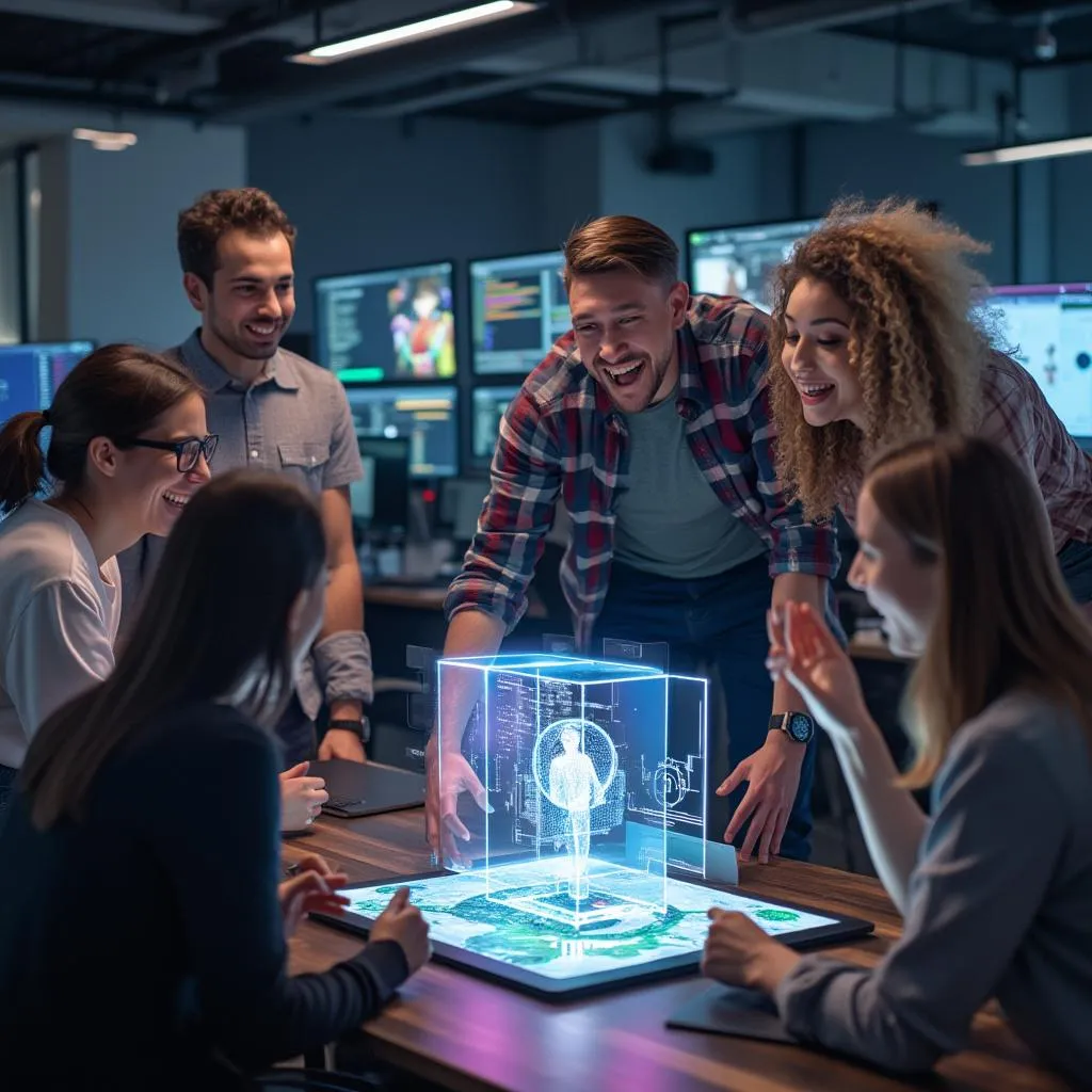 Chicken Road development team collaborating in a futuristic office
