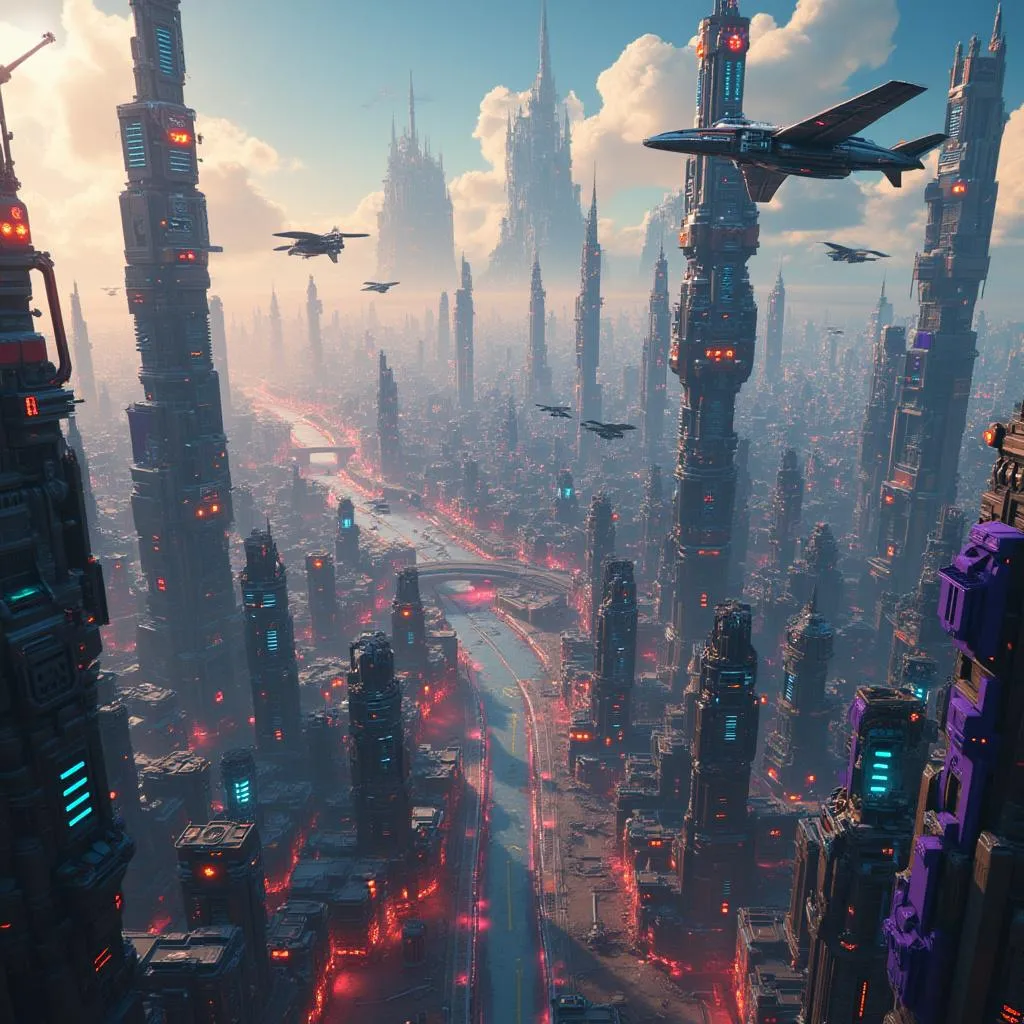 Breathtaking futuristic city environment from a level in Chicken Road